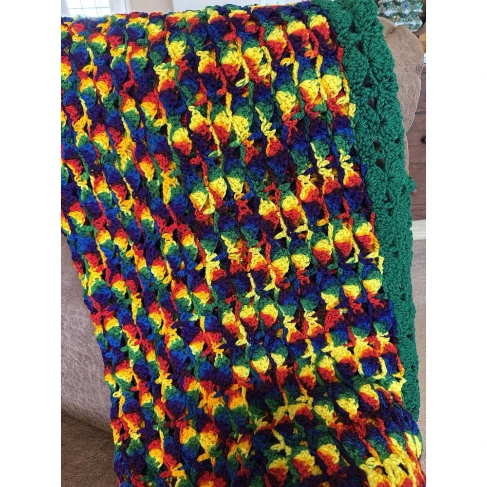 Vintage Granny Crochet Afghan Blanket Black Multi Handmade Approx 47